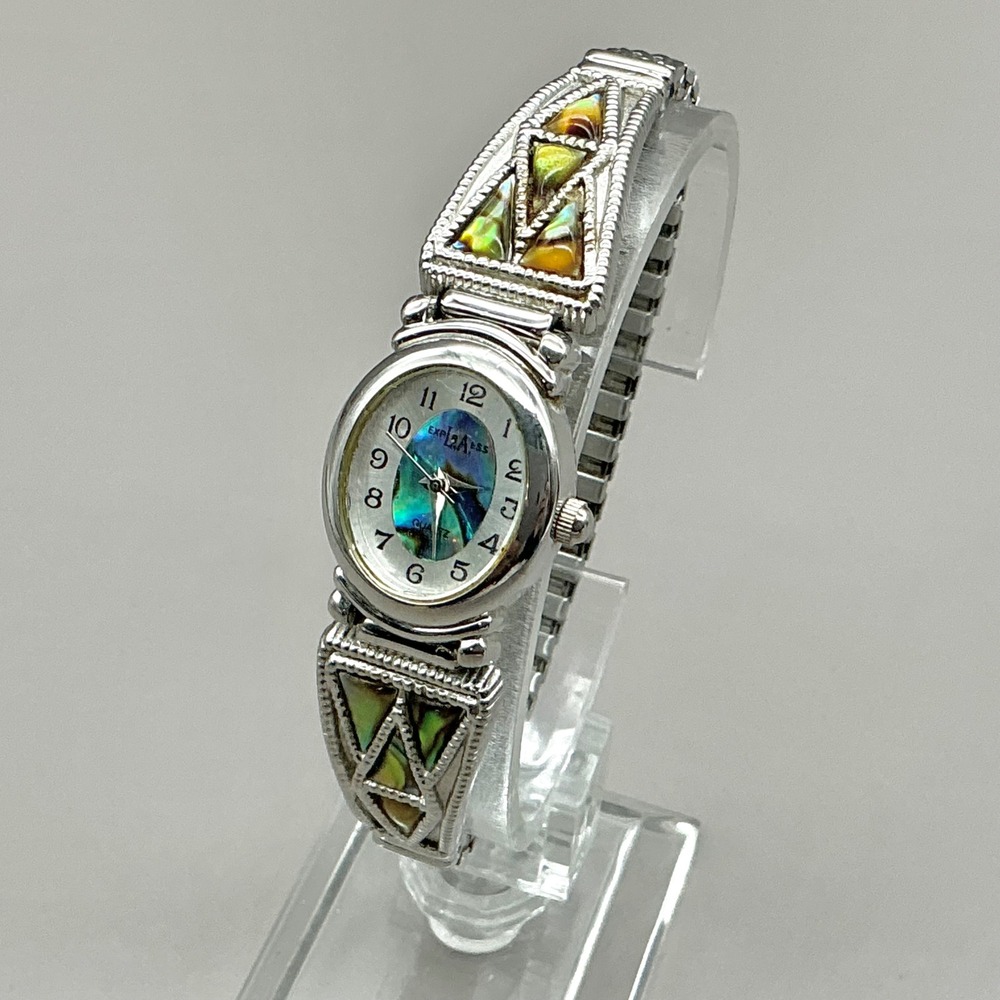 LA Express Watch Womens Abalone Shell Inlay Silver Tone Bracelet 6" NEW BATTERY